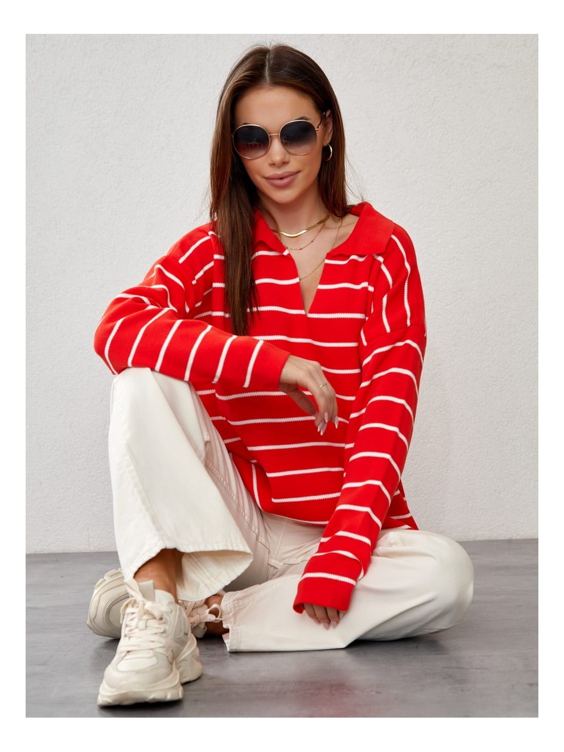 Oversized thin sweater with a collar, brick red 0583 - Online store - Boutique